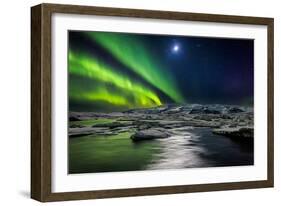 Moon and Aurora Borealis, Northern Lights with the Moon Illuminating the Skies and Icebergs-null-Framed Photographic Print