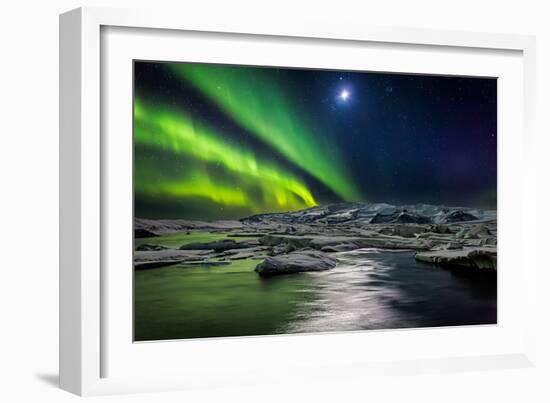 Moon and Aurora Borealis, Northern Lights with the Moon Illuminating the Skies and Icebergs-null-Framed Photographic Print