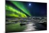 Moon and Aurora Borealis, Northern Lights with the Moon Illuminating the Skies and Icebergs-null-Mounted Photographic Print