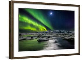 Moon and Aurora Borealis, Northern Lights with the Moon Illuminating the Skies and Icebergs-null-Framed Photographic Print