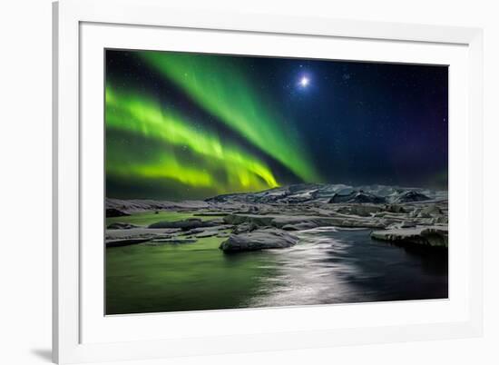 Moon and Aurora Borealis, Northern Lights with the Moon Illuminating the Skies and Icebergs-null-Framed Photographic Print