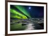 Moon and Aurora Borealis, Northern Lights with the Moon Illuminating the Skies and Icebergs-null-Framed Photographic Print