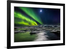 Moon and Aurora Borealis, Northern Lights with the Moon Illuminating the Skies and Icebergs-null-Framed Photographic Print