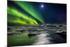 Moon and Aurora Borealis, Northern Lights with the Moon Illuminating the Skies and Icebergs-null-Mounted Photographic Print