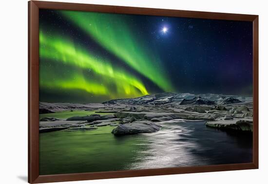 Moon and Aurora Borealis, Northern Lights with the Moon Illuminating the Skies and Icebergs-null-Framed Photographic Print