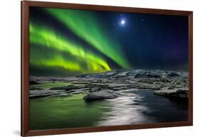 Moon and Aurora Borealis, Northern Lights with the Moon Illuminating the Skies and Icebergs-null-Framed Photographic Print