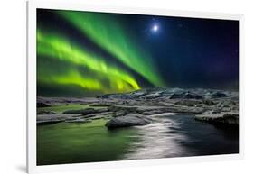 Moon and Aurora Borealis, Northern Lights with the Moon Illuminating the Skies and Icebergs-null-Framed Premium Photographic Print