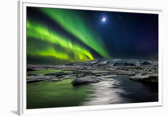 Moon and Aurora Borealis, Northern Lights with the Moon Illuminating the Skies and Icebergs-null-Framed Premium Photographic Print