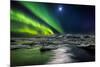 Moon and Aurora Borealis, Northern Lights with the Moon Illuminating the Skies and Icebergs-null-Mounted Premium Photographic Print