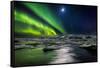 Moon and Aurora Borealis, Northern Lights with the Moon Illuminating the Skies and Icebergs-null-Framed Stretched Canvas