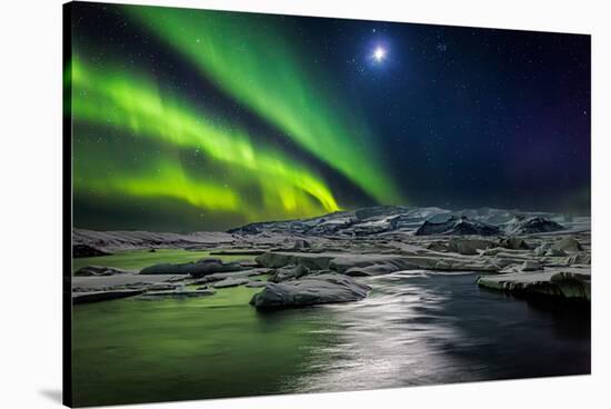 Moon and Aurora Borealis, Northern Lights with the Moon Illuminating the Skies and Icebergs-null-Stretched Canvas