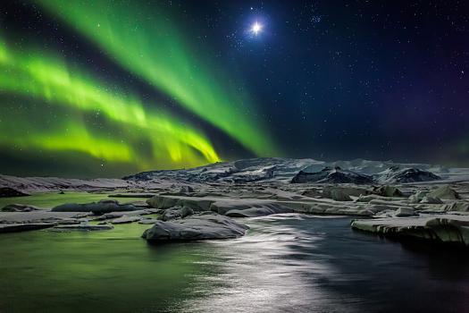 Moon and Aurora Borealis, Northern Lights with the Moon Illuminating the  Skies and Icebergs' Photographic Print 