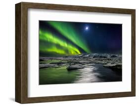 Moon and Aurora Borealis, Northern Lights with the Moon Illuminating the Skies and Icebergs-null-Framed Photographic Print