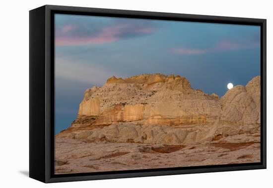 Moon and clouds at sunrise, Vermillion Cliffs, White Pocket wilderness, Bureau of Land Management, -Howie Garber-Framed Stretched Canvas