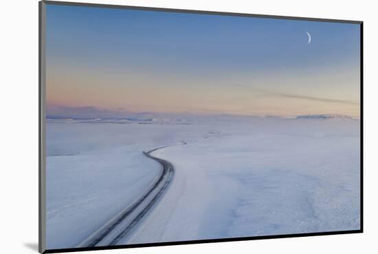 Moon and snowy mountain road, Iceland-Panoramic Images-Mounted Photographic Print