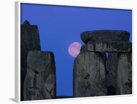 Moon Behind Stonehenge, UNESCO World Heritage Site, Wiltshire, England, United Kingdom, Europe-Charles Bowman-Framed Photographic Print