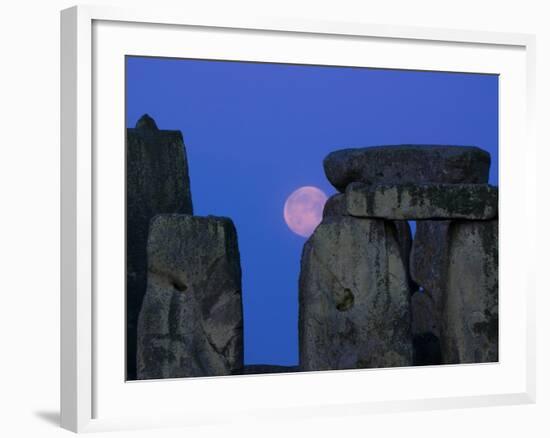 Moon Behind Stonehenge, UNESCO World Heritage Site, Wiltshire, England, United Kingdom, Europe-Charles Bowman-Framed Photographic Print