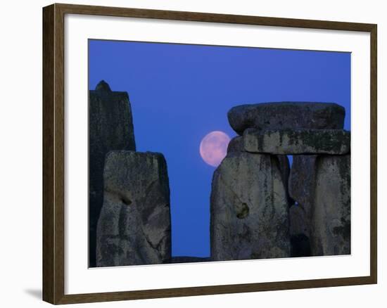 Moon Behind Stonehenge, UNESCO World Heritage Site, Wiltshire, England, United Kingdom, Europe-Charles Bowman-Framed Photographic Print