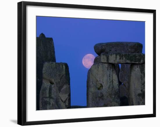 Moon Behind Stonehenge, UNESCO World Heritage Site, Wiltshire, England, United Kingdom, Europe-Charles Bowman-Framed Photographic Print