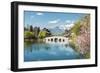 Moon Embracing Pavilion and Suocui Bridge at Black Dragon Pool in Jade Spring Park, Lijiang, Yunnan-Andreas Brandl-Framed Photographic Print