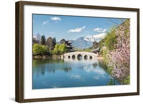 Moon Embracing Pavilion and Suocui Bridge at Black Dragon Pool in Jade Spring Park, Lijiang, Yunnan-Andreas Brandl-Framed Photographic Print