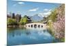 Moon Embracing Pavilion and Suocui Bridge at Black Dragon Pool in Jade Spring Park, Lijiang, Yunnan-Andreas Brandl-Mounted Photographic Print