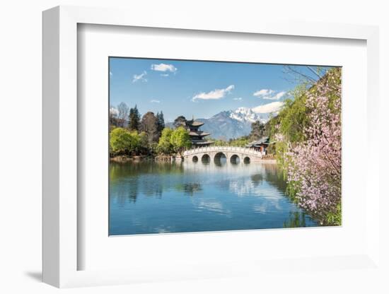 Moon Embracing Pavilion and Suocui Bridge at Black Dragon Pool in Jade Spring Park, Lijiang, Yunnan-Andreas Brandl-Framed Photographic Print