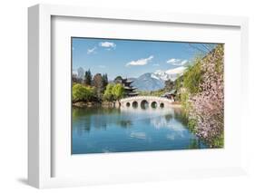 Moon Embracing Pavilion and Suocui Bridge at Black Dragon Pool in Jade Spring Park, Lijiang, Yunnan-Andreas Brandl-Framed Photographic Print