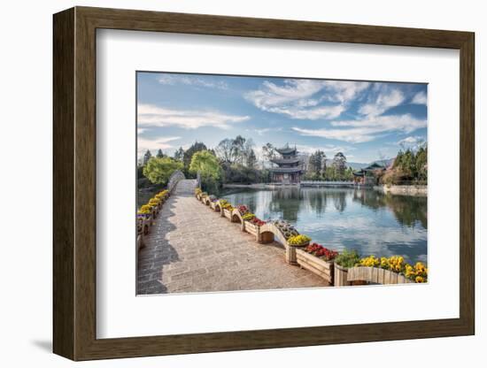 Moon Embracing Pavilion and Suocui Bridge at Black Dragon Pool, Lijiang, Yunnan, China, Asia-Andreas Brandl-Framed Photographic Print