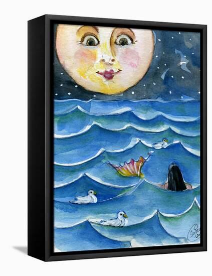 Moon Face Mermaid in The Sea-sylvia pimental-Framed Stretched Canvas