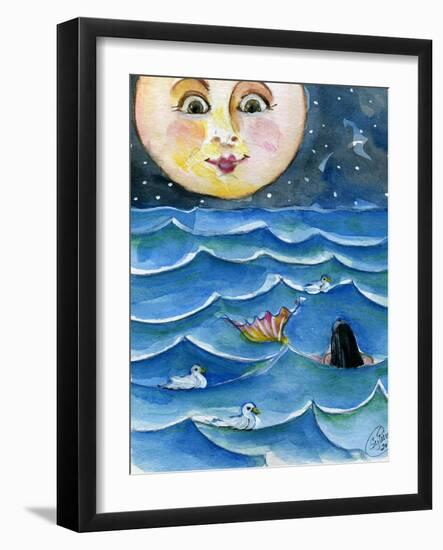 Moon Face Mermaid in The Sea-sylvia pimental-Framed Art Print