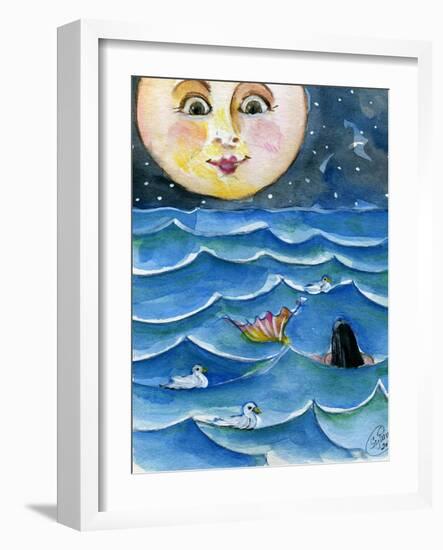 Moon Face Mermaid in The Sea-sylvia pimental-Framed Art Print