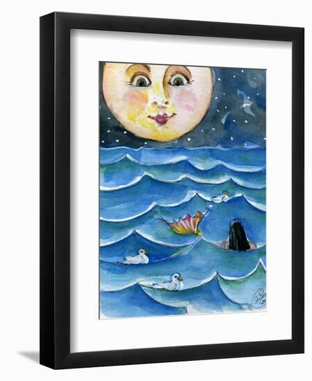 Moon Face Mermaid in The Sea-sylvia pimental-Framed Art Print