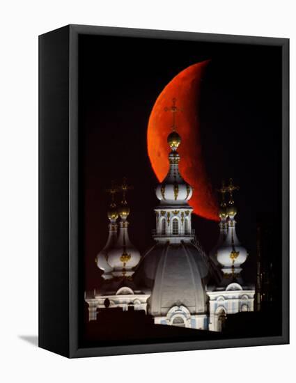 Moon is Seen Rising in the Sky Above the Domes of the Smolny Cathedral in St.Petersburg, Russia-null-Framed Stretched Canvas