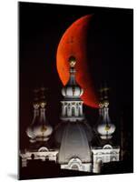 Moon is Seen Rising in the Sky Above the Domes of the Smolny Cathedral in St.Petersburg, Russia-null-Mounted Photographic Print