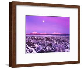 Moon over Lava Lands with Mt. Bachelor and Three Sisters in winter, Newberry National Volcanic M...-Panoramic Images-Framed Photographic Print