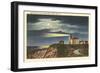 Moon over Lighthouse, Watch Hill, Rhode Island-null-Framed Art Print