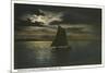 Moon over Sailboat on Green Bay, Wisconsin-null-Mounted Premium Giclee Print