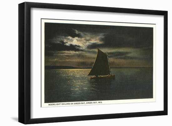 Moon over Sailboat on Green Bay, Wisconsin-null-Framed Art Print