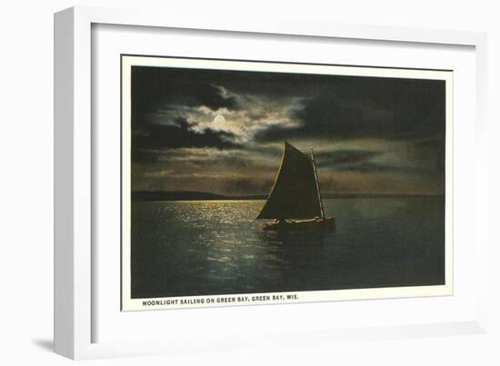 Moon over Sailboat on Green Bay, Wisconsin-null-Framed Art Print