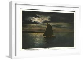 Moon over Sailboat on Green Bay, Wisconsin-null-Framed Art Print