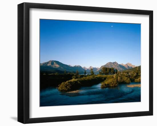 Moon over St. Mary River and Mountains,Glacier National Park, Montana, USA-John Reddy-Framed Premium Photographic Print
