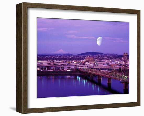 Moon Over the City with Mt Hood in the Background, Portland, Oregon, USA-Janis Miglavs-Framed Premium Photographic Print