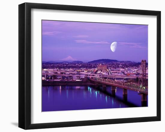 Moon Over the City with Mt Hood in the Background, Portland, Oregon, USA-Janis Miglavs-Framed Premium Photographic Print