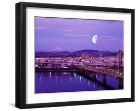 Moon Over the City with Mt Hood in the Background, Portland, Oregon, USA-Janis Miglavs-Framed Premium Photographic Print