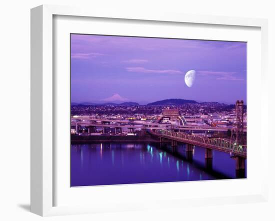 Moon Over the City with Mt Hood in the Background, Portland, Oregon, USA-Janis Miglavs-Framed Premium Photographic Print