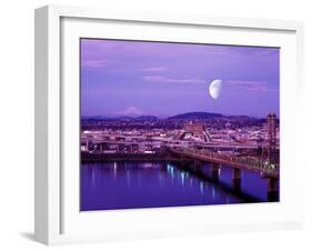 Moon Over the City with Mt Hood in the Background, Portland, Oregon, USA-Janis Miglavs-Framed Premium Photographic Print