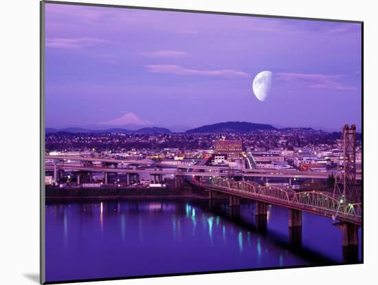 Moon Over the City with Mt Hood in the Background, Portland, Oregon, USA-Janis Miglavs-Mounted Premium Photographic Print