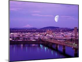 Moon Over the City with Mt Hood in the Background, Portland, Oregon, USA-Janis Miglavs-Mounted Premium Photographic Print