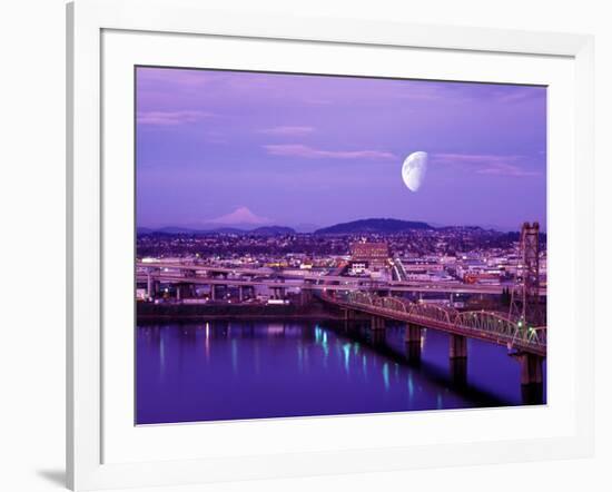 Moon Over the City with Mt Hood in the Background, Portland, Oregon, USA-Janis Miglavs-Framed Photographic Print